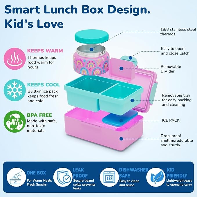 Bento Lunch Box for Kids–3 Compartment Leak Proof Insulated Lunch Container | Unicorn Design Lunch Box-With 12oz Stainless Steel Food Soup Jar & Built-in Ice Pack Bento Box for Boys Girls School Travel