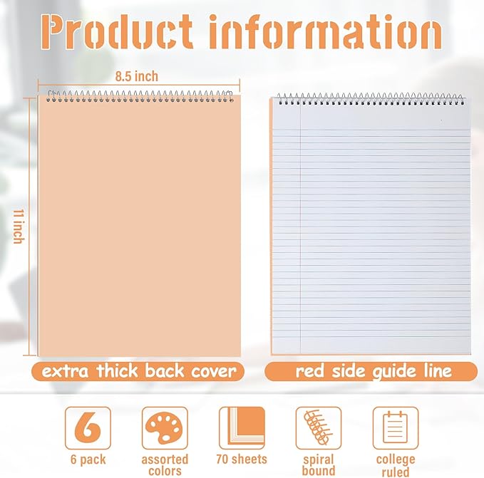 Resurhang 6 Pack 8.5 x 11'' Office Steno Book Double-sided Spiral Steno Books College Ruled White Paper 70 Sheets/Pad Pastel Colors Covers for School Office(Assorted Color,Classic Style)