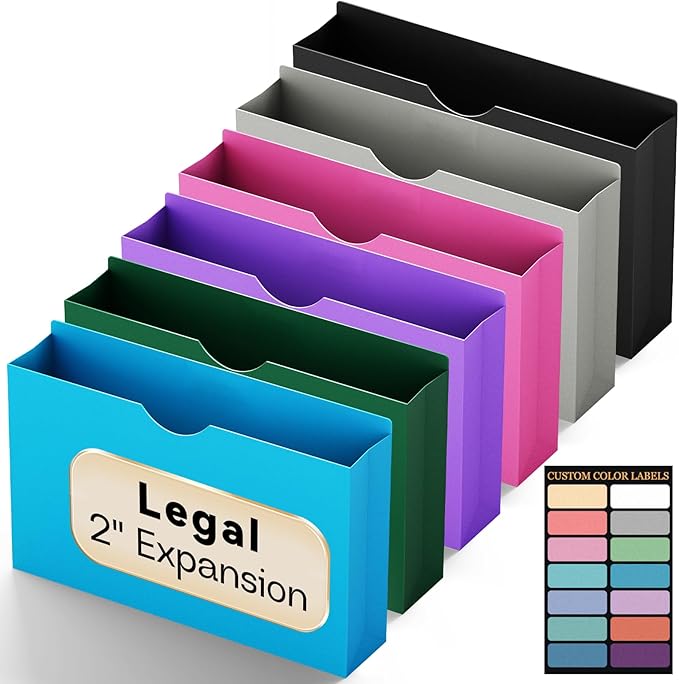 Plastic 2 Inch File Jackets Legal Size,12 Pack Reinforced Job Manilla Pocket Folders,Colored Expanding Accordion File Folders,Heavy Duty Expandable Pocket Files with Straight Cut Tabs