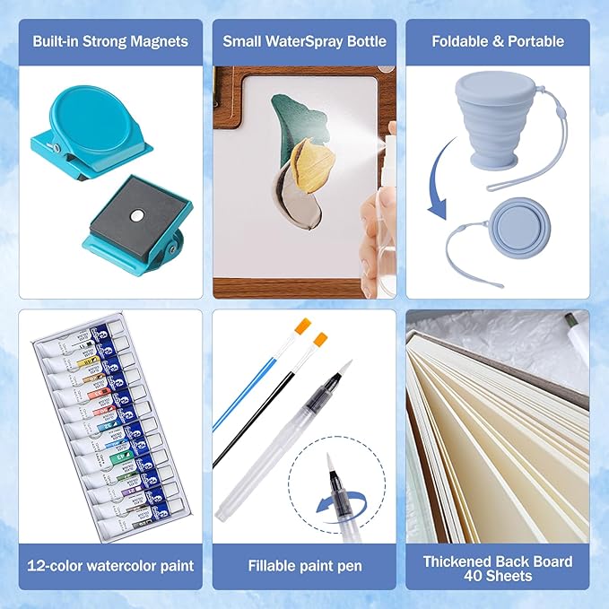 Mini Watercolor Travel Set, 12 Colors Portable Outdoor Art Kit with Walnut Wood 15-Panel Palette, Crossbody Bag, Watercolor Journal, Metal Clip, Water Cup & Brush Ideal for Artists & Beginners