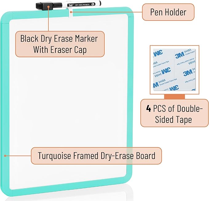 Mr. Pen- Dry Erase Board, 14” x 11” with a Black Dry Erase Marker, Aqua Blue Frame, Small Mini White Board for Students, Fridge, Wall, Locker, Includes Double Sided Tapes