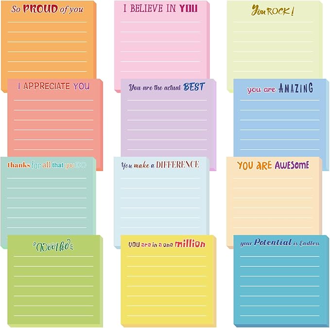 Yinder 12 Pcs Inspirational Sticky Notes Cute Motivational Sticky Notes Pad End of Year Employee Appreciation Gifts Bulk for Teacher Nurse Coworkers Office Supplies 3 x 3'' (Appreciation,Light)