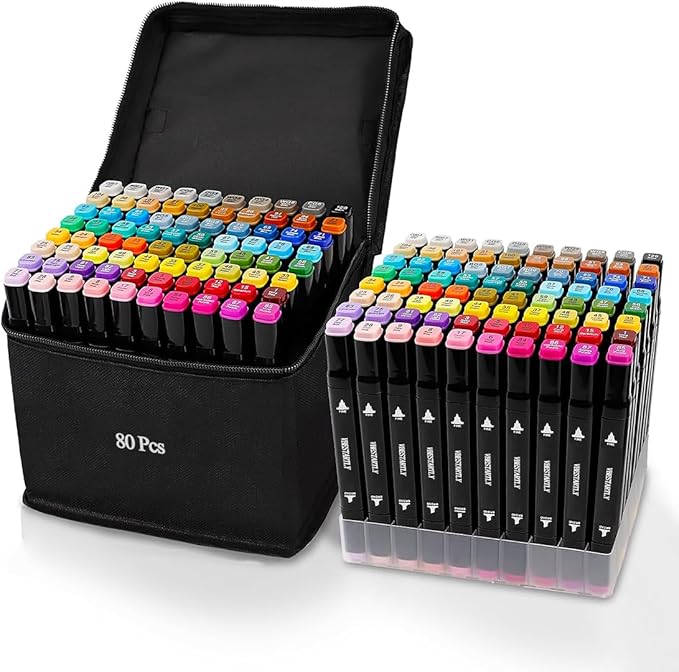 VBESTARTLY 80 Colors Alcohol Markers with Base, Permanent Dual Tip Art Markers for Adults Anime Coloring Sketch Illustrations Pefect for Gift- Refillable