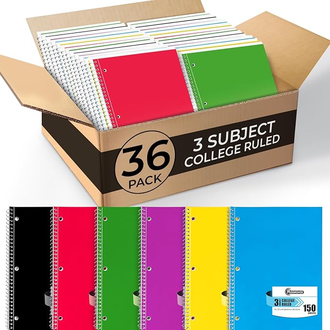 Rosmonde 36 Pack 3 Subject Spiral Notebook College Ruled Bulk, Thick Paper, 300 Pages (150 Sheets), 8 x 10-1/2", Bulk Spiral Journal for School, 3 Hole Punched, Bulk Subject Notebooks, Assorted Colors