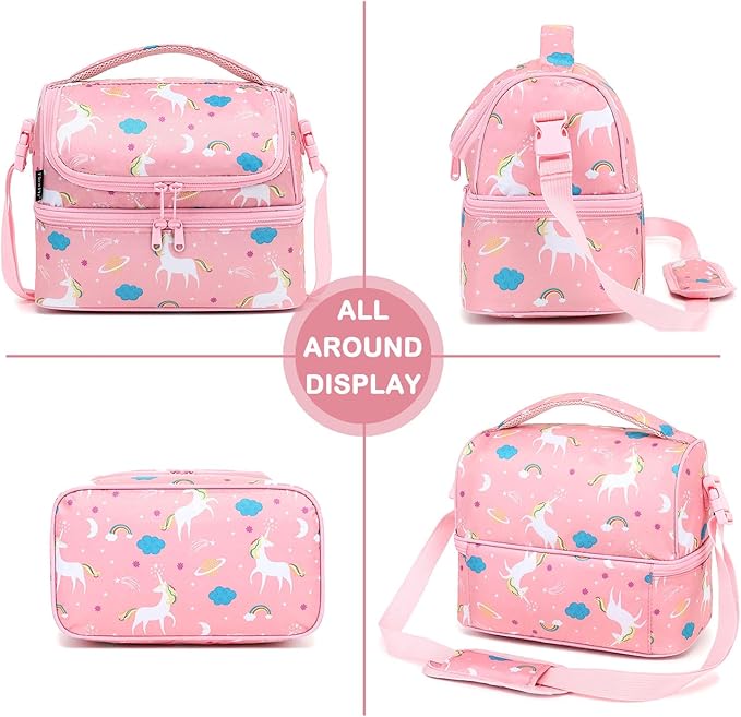 FlowFly Kids Double Decker Cooler Insulated Lunch Bag Large Tote for Boys, Girls, Men, Women, With Adjustable Strap, Unicorn