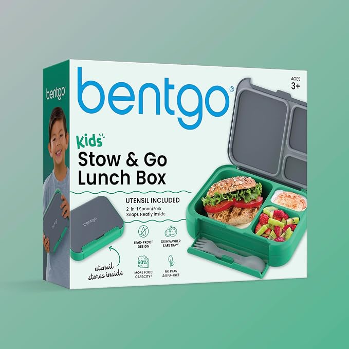 Bentgo Kids Stow & Go Leak-Proof Lunch Box with Built-In Utensil | 3.5-Cup Capacity, Removable Tray, Portion-Perfect Compartments for Kids and Teens, 2-in-1 Spoon & Fork (Gray Leaf)