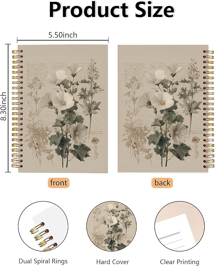 Vintage Floral Spiral Notebook, Classical Floral Botanical Aesthetic Journal Supplies, Flower Journal for Women, Retro Rustic Flower Notebook 5.5x8.3 Inch-384