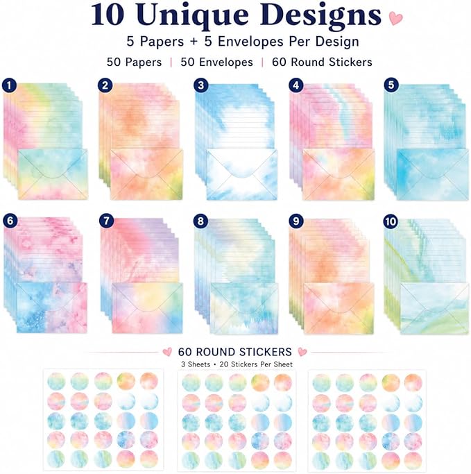 160 Pcs Stationery Writing Paper with Envelopes, 50 Double Sided Stationery Papers with 50 Matching Envelopes and 60 Round Dot Sticker, 10 Unique Designs