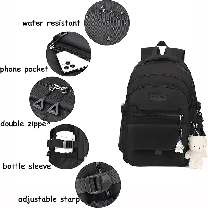 PRLINJSK Girls Backpack for College High Middle School Student, Cute Aesthetic Bookbag for Teens Women with Accessories,Black