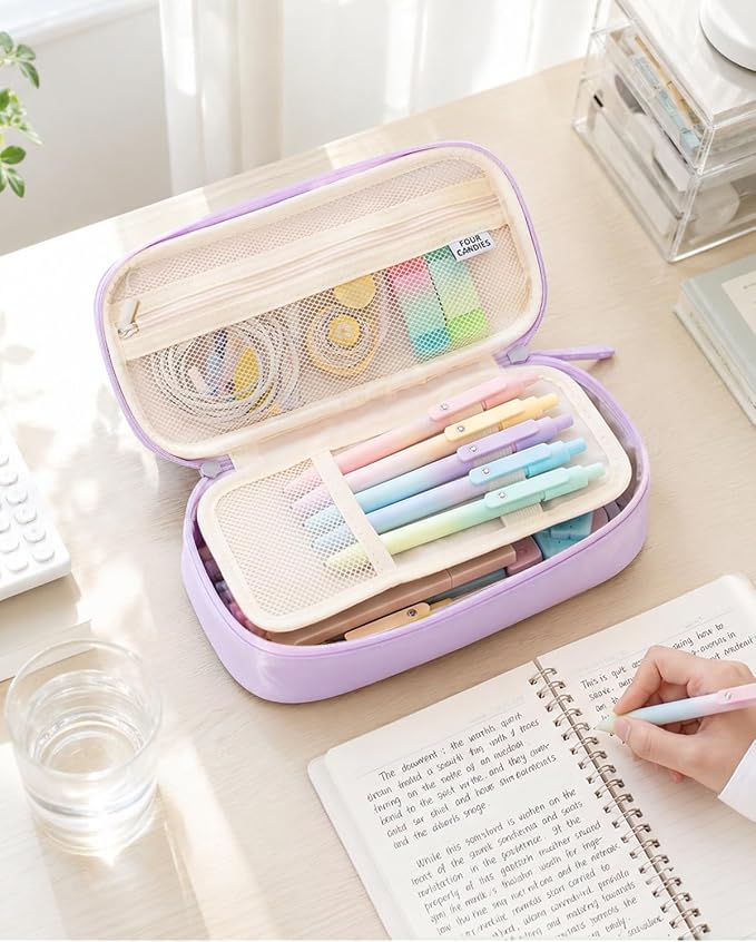 Four Candies Large Pencil Case, 5 Compartments Canvas Pen Organize | Big Capacity Pencil Pouch Bag for School Supplies, Portable Stationery Holder for Teen Girls Boy Men Women
