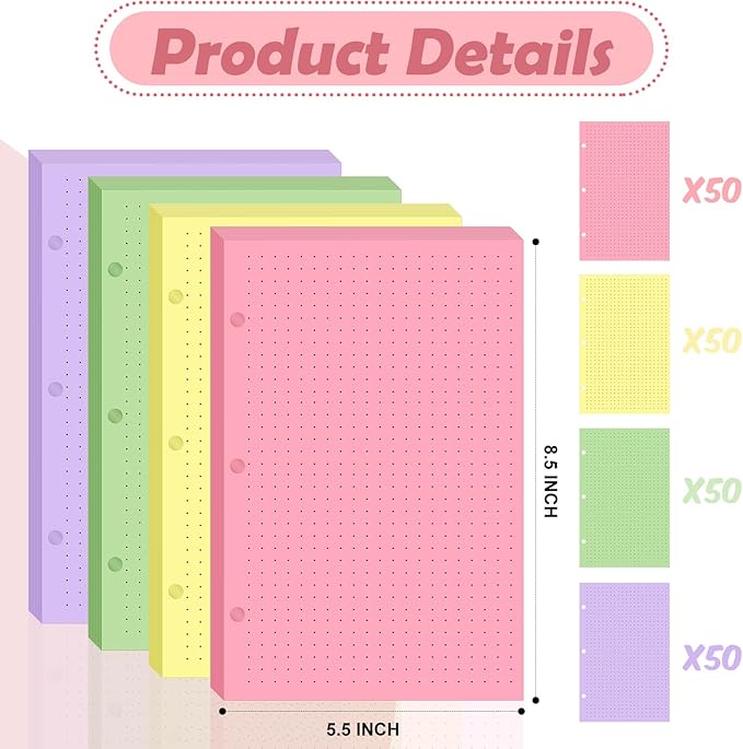200 sheet Half Letter Dotted Refill Paper 3 Hole Punch 5-1/2 x 8-1/2 College Ruled Dot Grid Paper Refill Colored Mini Binder Paper Planner Inserts Fits Mini 3 Ring Binder Refills Office