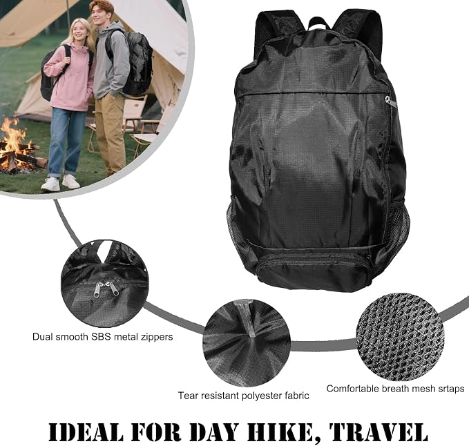 Ultra Lightweight Hiking Backpack 30L, Travel Packable Daypack Foldable Small Backpacks for Women Men(Black)