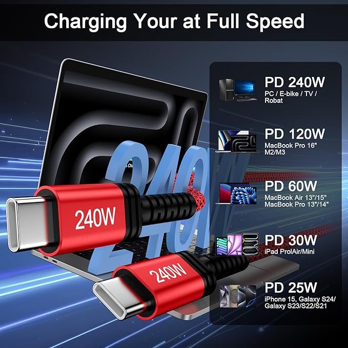 240W USB-C Charger Cable Fast Charging Cord for iPhone 17 17 Pro Max 16 Plus 16E 15 Pro Max,3FT USB C to USB C iPhone 16e Carplay USBC Cable Fast Charger Lead for Samsung Galaxy S25 S26/S26 Ultra/S26+