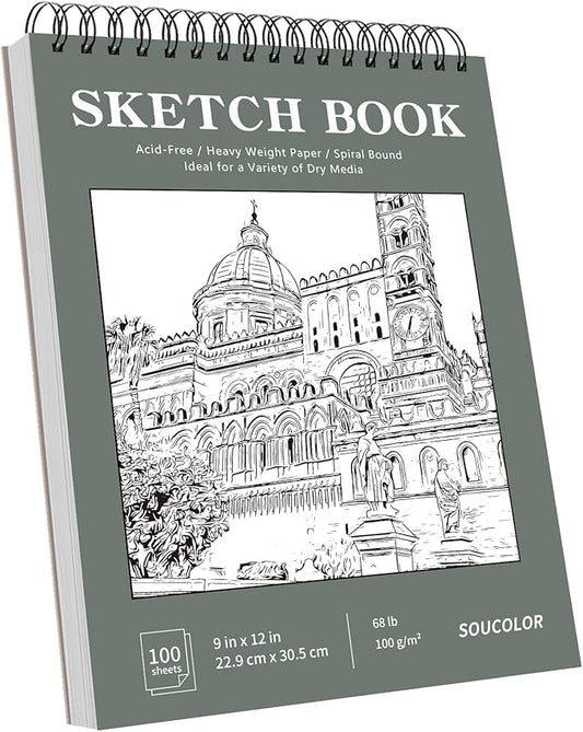 Soucolor 9" x 12" Sketch Book, 1-Pack 100 Sheets Spiral Bound Art Sketchbook, Acid Free (68lb/100gsm) Artist Drawing Book Paper Painting Sketching Pad, College Essentials