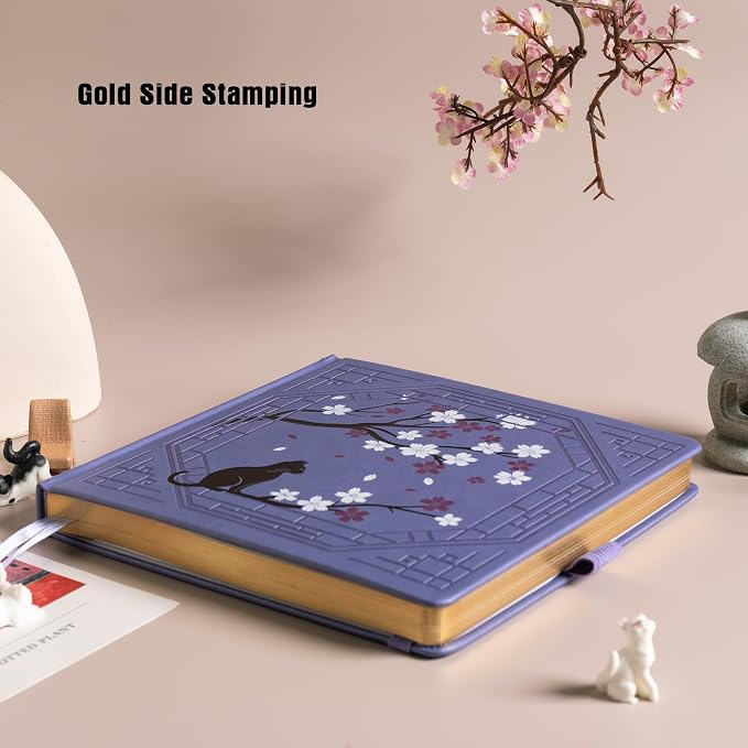 TIEFOSSI Square Dotted Journal, Cute Cat Journal for Women Girls, Dot Notebook with Pretty Sakura Pattern, Aesthetic Diary for Writing Journaling Drawing, Golden Edges, 8 x 8 IN