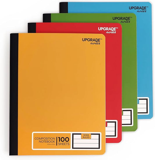 Composition Notebook, Wide-Ruled Paper, Resists Ink Bleed-Through, 100 Sheets, Size 9.75” x 7.5”. Solid Colors, 4-pack
