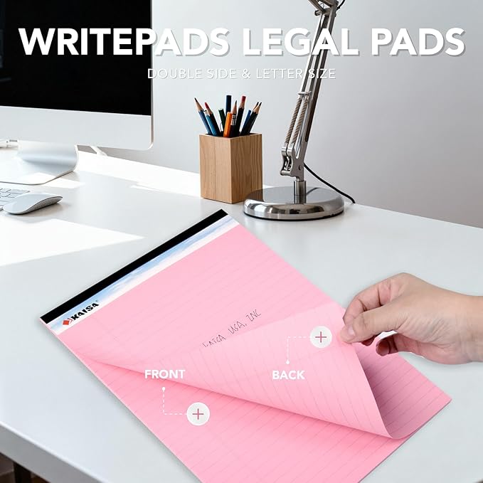 KAISA note pads Colored Legal Pad Writing Pads 8.5x11 inch, Wide Ruled, 40 Sheets/Pad, 20lb Colored Paper, Perforated Writing Pad with Sturdy Back (4 Pads), KSU-5972