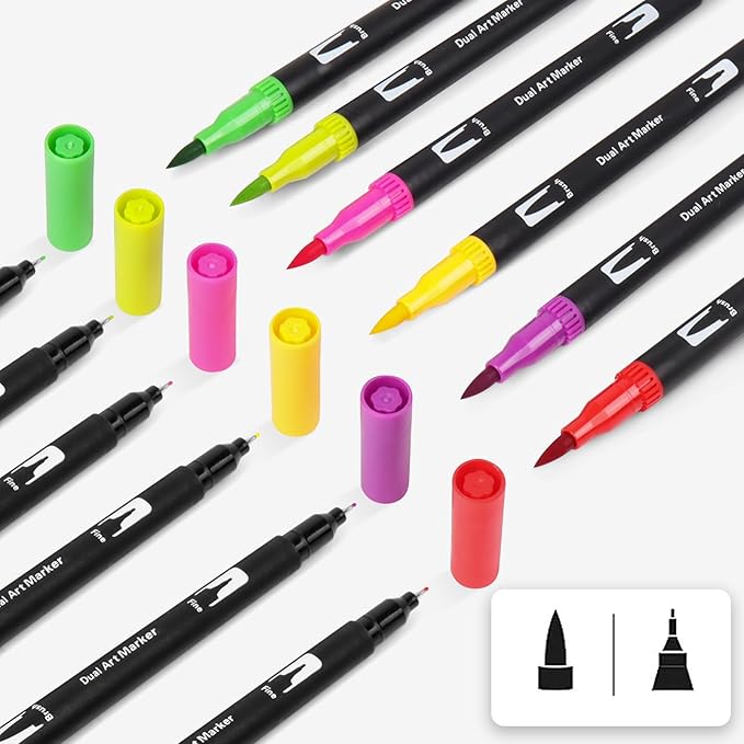 Double Tip Brush Pens Art Markers - 12 Vibrant Colors, Fine & Brush Tips for Coloring, Calligraphy, Journaling, Drawing, and Crafting - Non-Toxic, Water-Based Ink - Perfect for Kids & Adults