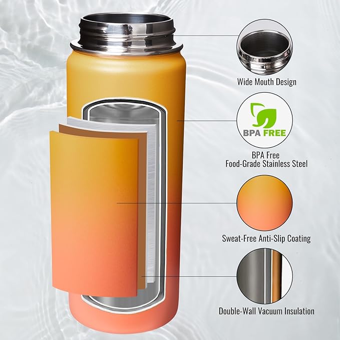 Fijinhom 18 oz Insulated Water Bottle with Handle, 304 Stainless Steel Water Bottles with Wide Mouth, Double Wall Vacuum Sports Water Bottle, BPA Free, Keep Cold and Hot, Yellow&Orange