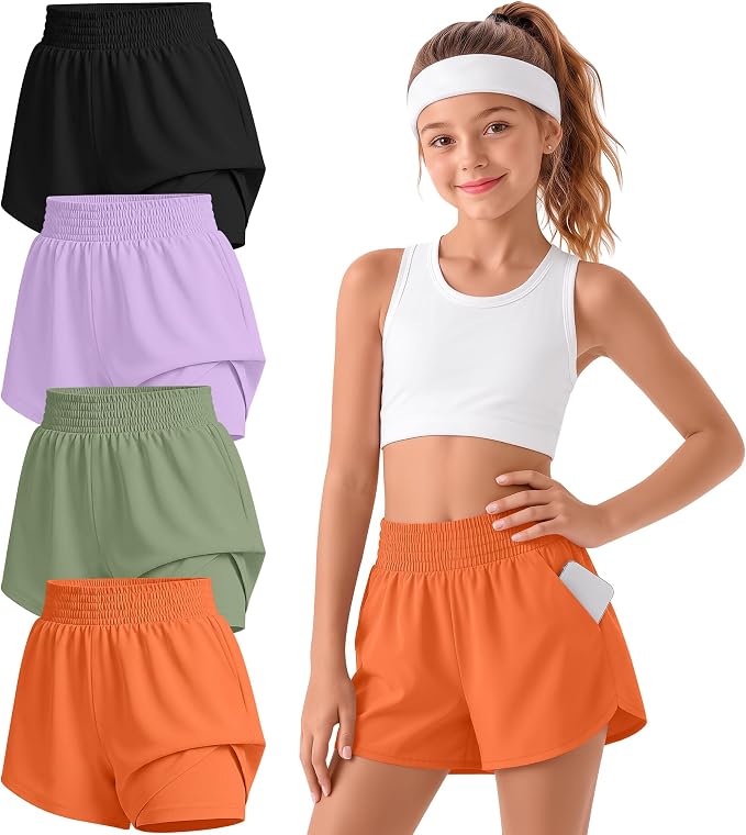 4 Pack Girls Athletic Shorts 2 in 1 Quick Dry High Waist Tween Shorts with Liner Kids Back to School Running Shorts