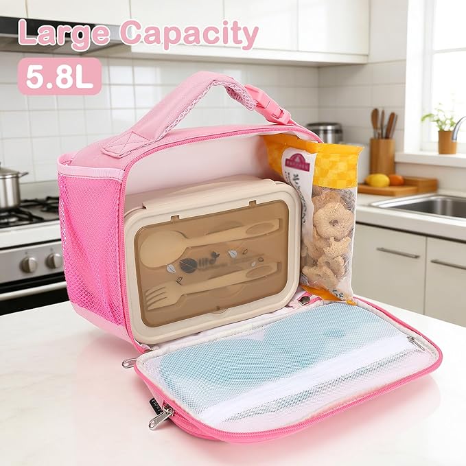 FlowFly Kids Lunch box Insulated Soft Bag Mini Cooer Back to School Thermal Meal Tote Kit for Girls, Boys,Pink