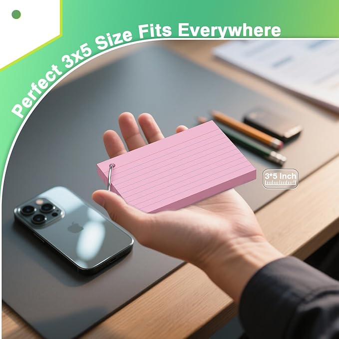 250 Pcs Colored Index Cards with Ring 3 x 5 Inch Heavyweight Ruled Flash Cards, Flashcards with Ring for School & Office Supplies and Home Organization, Durable Study To Do List Lined Note Cards