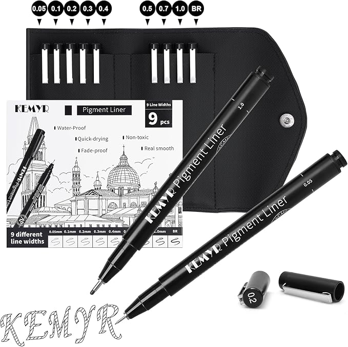 KEMYR 9 Micro Fine liner Drawing Art Pens Calligraphy Pens: 0.05mm-BR Size Black Art supplies Waterproof Archival Black Ink Markers For Artists,Use for Professional Watercolor,Sketching