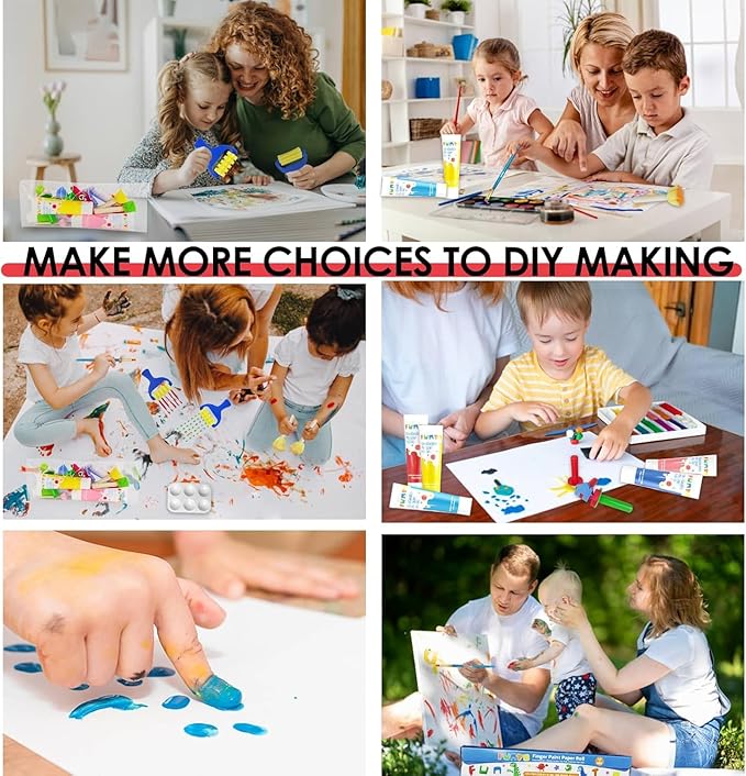 Funto Kids Washable Finger Paint Set, 25 PCS Non Toxic Art Painting Supplies for Baby, Includes Finger Paint Paper Roll, Brush Set, Arts Crafts for Toddlers Age 1-3