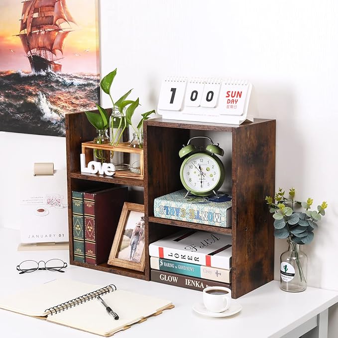 PAG Desktop Shelf Freestanding Wooden Small Bookshelf Desk Supplies Organizers and Accessories Storage Display Rack Office Dorm Decor for Women, Antique Brown