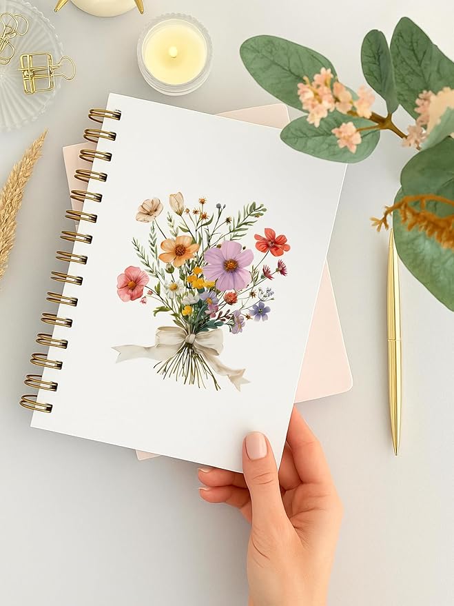 Floral Spiral Notebook, Pretty Wildflower Flower Journal, Cottagecore Floral Aesthetic Journal for Women, Preppy Bow Botanical Colorful Flower Notebook 5.5x8.3 Inch-374
