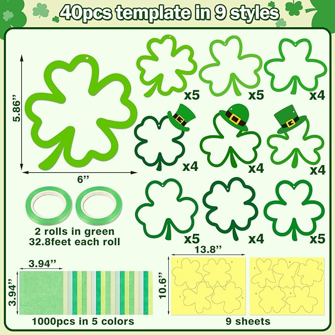 40PCS St. Patricks Day Crafts Bulk: Paper Shamrock Suncatchers, Saint Patrick's DIY Kits, Window Stained Glass Effect Art Supplies(Green)
