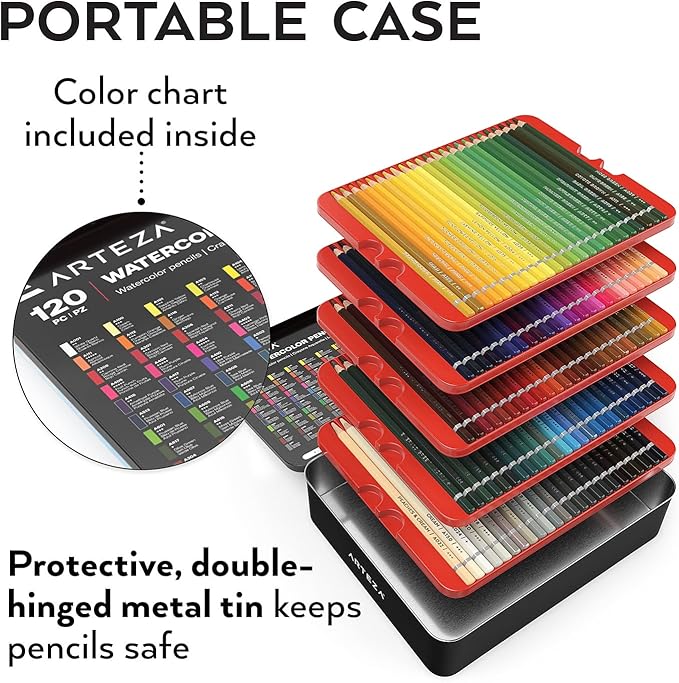 ARTEZA Watercolor Pencils, Set of 120, Water-Soluble Colored Pencils with 4 mm Break-Resistant Core, Pre-Sharpened Tips and Metal Tin for Drawing, Shading, Blending, and Wet or Dry Techniques