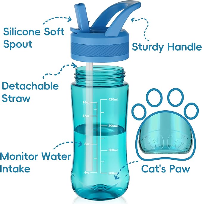 14oz Clear Kids Water Bottle with Straw Lid, BPA-Free Tritan, Measurement Scale, Sturdy Handle Wide Mouth Leak-proof Reusable Plastic Bottle for Boy& Girls, Back to School(Blue)