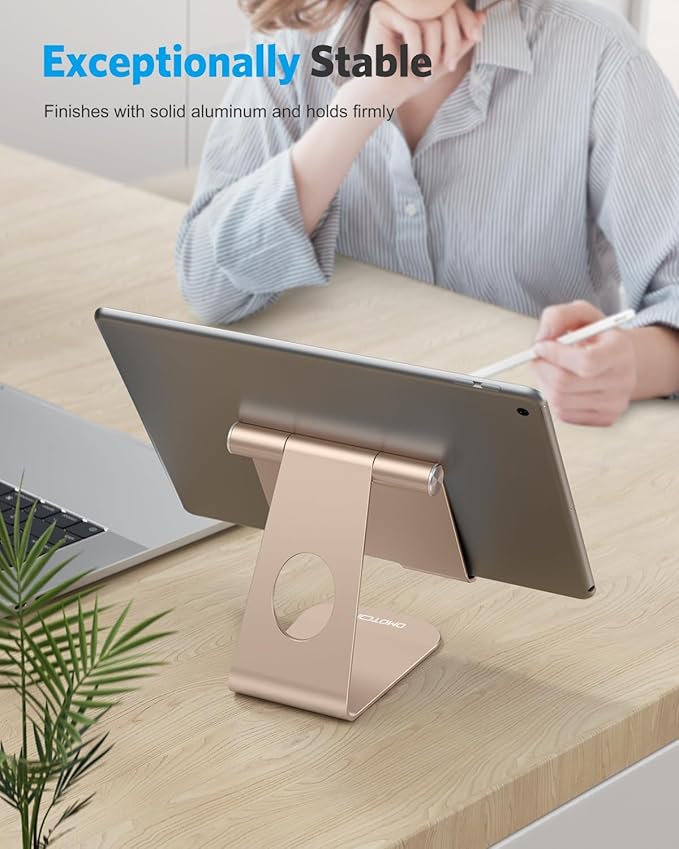 OMOTON Tablet Stand Holder Adjustable, T1 Desktop Aluminum Tablet Dock Cradle Compatible with iPad Air/Mini, iPad 10.2/9.7, iPad Pro 11/12.9, Samsung Tab and More, Gold