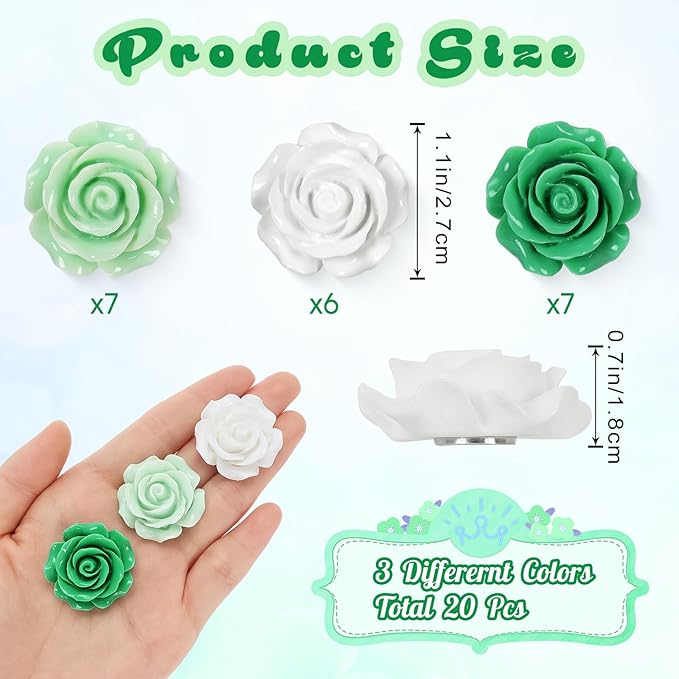 20 Pcs Rose Fridge Magnets, 1.1 Inch Cute Flower Fridge Magnets, 3D Colorful Refrigerator Decorative Magnet for Whiteboard Locker Cabinet (Green-3 Colors-Rose)