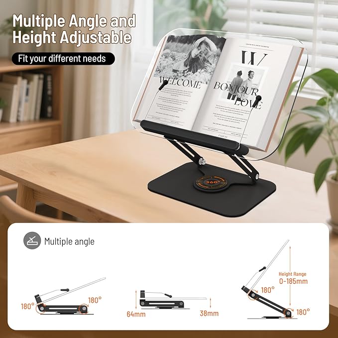 Acrylic Book Stand for Reading Hands Free - Adjustable 360° Rotating Cookbook Holder with Elastic Page Clips & Foldable Base, Multi-Angle Desktop Display Stand for Recipes, Laptops, Tablets, Bibles