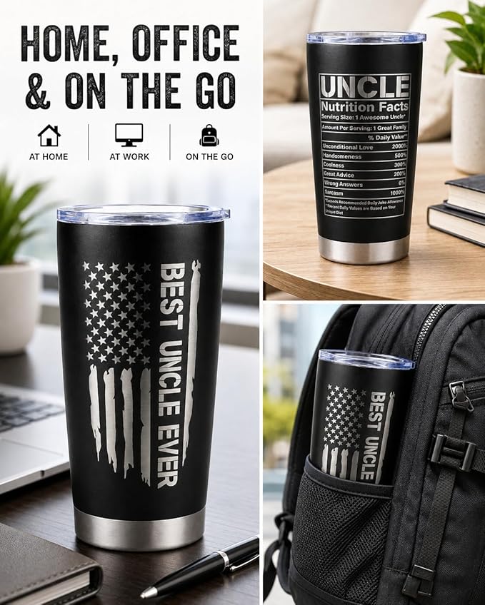 CYYFXKY Best Uncle Ever 20oz Stainless Steel Tumbler, USA Flag Funny Nutrition Facts Insulated Travel Mug, Father's Day Birthday Gift for Uncle Men