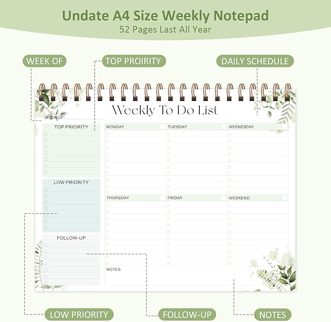 Weekly To Do List Notepad, 52 Sheets Undated Weekly Planner, 8.5"x11" Letter Size Horizontal Desk Pad with 100GSM Thick Paper, Twin-Wire Spiral Bound Tear Off Lined Organizer for Office Work, School & Home