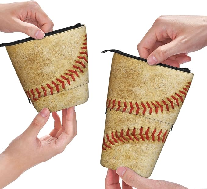 Retro Baseball Kids Standing Pencil Case Girls Boys Telescopic Stationary Pouch with Zipper Large Capacity Stand up Pen Bag Portable Makeup Holder for Children School Students Office Supplies