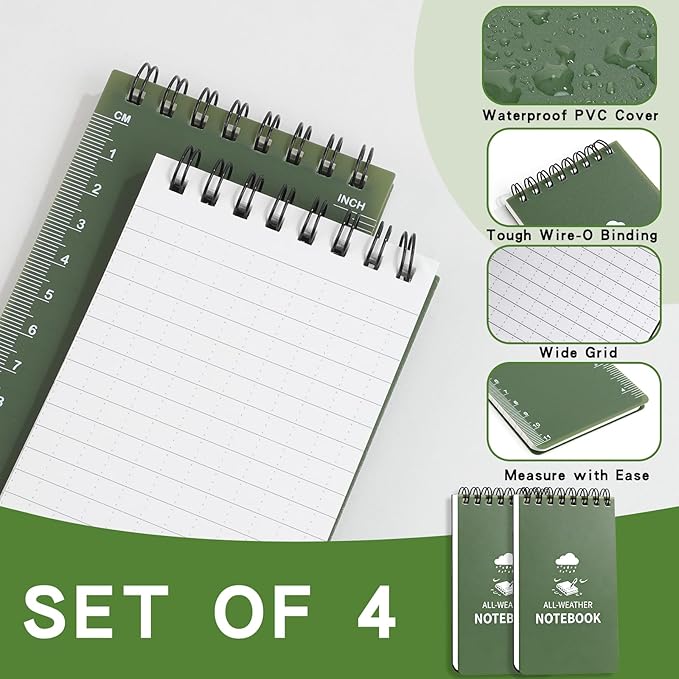 Waterproof Notebook, 4 Pack Pocket Notepad, 3" x 5" Top-Spiral Weatherproof NotePad, All Weather Police Pocket Notebook Mini Memo Steno Note Pads for Outdoor Office School Recording, Navy Green