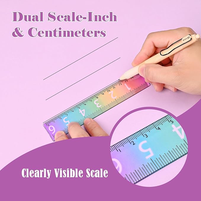 BAYTORY 6Pcs 6inch/15cm Acrylic Straight Rulers, Transparent Gradient Color Rulers, Shatterproof Rainbow Color Measure Stationery with Centimeters, for School Classroom Student (6inch/15cm)