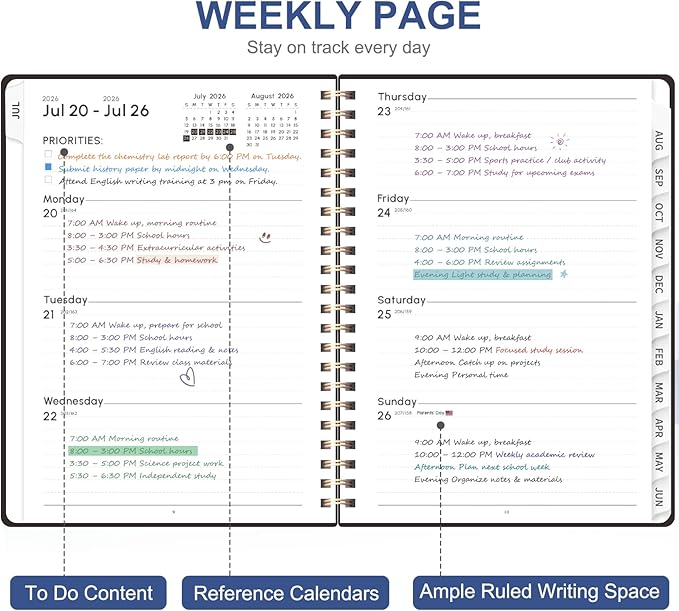 Planner 2026-2027, Weekly and Monthly Academic Year Calendar Planner, July 2026 - June 2027, Daily Agenda Book for Office School Supplies, A5(6.3'' x 8.5'')