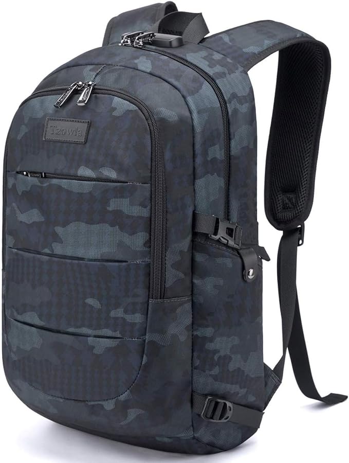 Tzowla Travel Laptop Backpack Water Resistant Anti-Theft Bag with Giant Tumbler Holder Pocket and Lock 15.6 Inch Computer Business Backpacks for Women Men Work College Gift,Casual Daypack(BlueCamo)