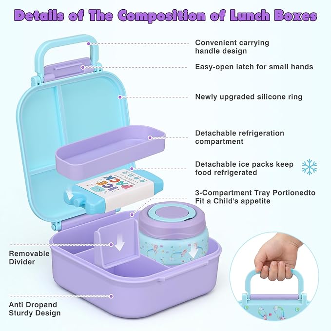 Bento Lunch Box for Kids with 7oz Soup Thermo,Insulated Stainless Steel Kids Water Bottle with Straw and Insulated Lunch Bag,Leak-Proof Lunch Food Container with Ice Pack for School (Purple-Mermaid)