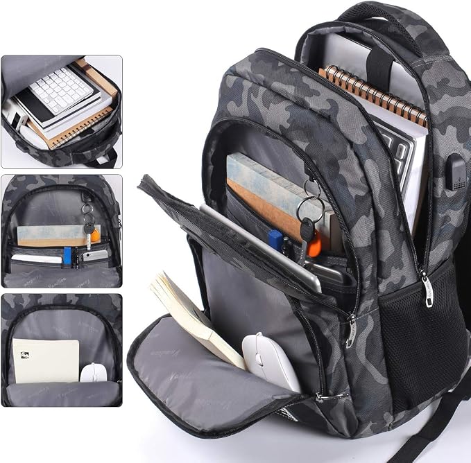 YAMTION Men's and Women's Laptop Backpack with USB Charging Port for Business University 35L (15.6 Inches, B6-Black Camouflage)