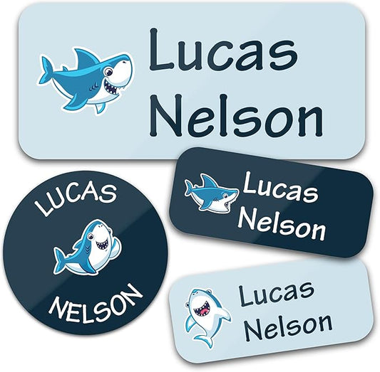 Bunny Badges Personalized Daycare Name Labels for Kids (130 Labels) - Custom Waterproof Name Stickers for Clothing Tags, Water Bottles, Lunch Boxes and School Supplies (Sharks)