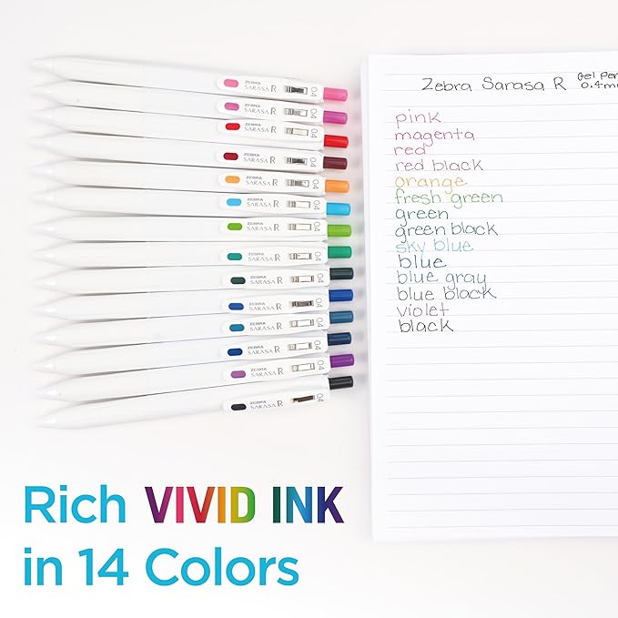 Zebra Pen, SARASA R Gel Pens, Assorted Ink Colors, 0.4mm Fine Point, Vivid Ink to Create Deep, Saturated Color and Smooth Gel Lines, Quick-Drying for Smear-Free Writing, Made in Japan, 14-Pack (47714)
