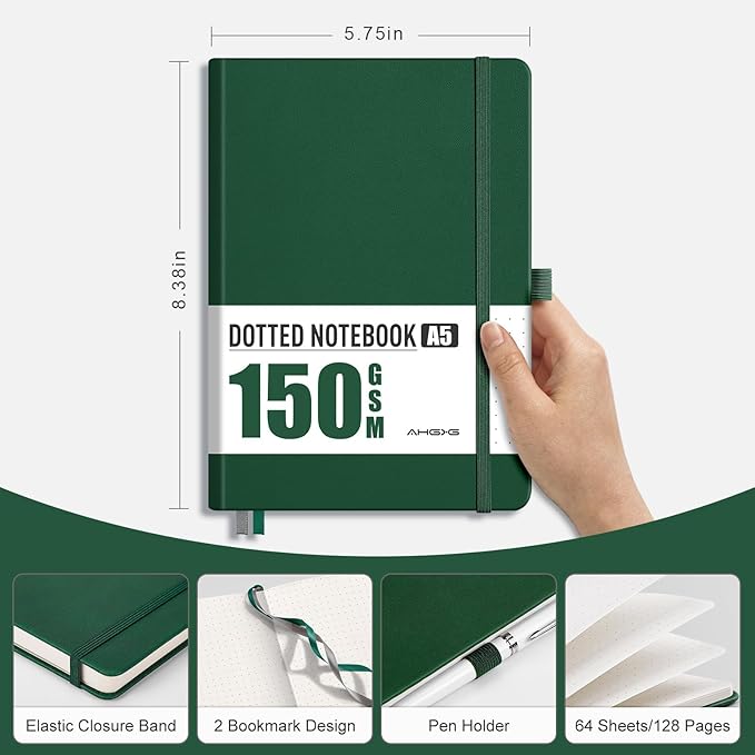 AHGXG Dotted Journal - 150 GSM Dot Grid Notebook Journal, Thick Acid-Free Paper, A5 Dotted Notebook 128 Pages, Leather Hardcover, Inner Pocket, Journal Stencil, 5.7'' × 8.3'', Dark Green