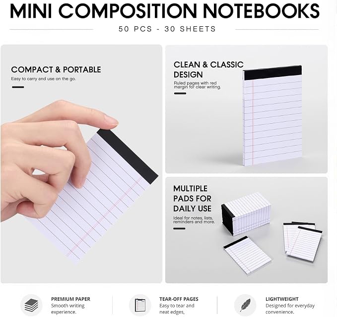 Resurhang 50 Pcs 4'' x 2.5'' Small Legal Pads College Ruled Small Legal Pads Mini Lined Notepads Bulk 30 Sheets Memo 80gsm Heavyweight Paper Notepads for Office Busines Home
