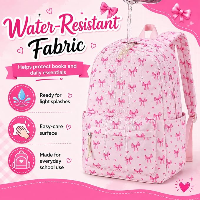LOIDOU Backpack for Girls School Backpacks Bookbags for Elementary Middle School Women Laptop Backpacks (Bow Tie Pink, L-17)